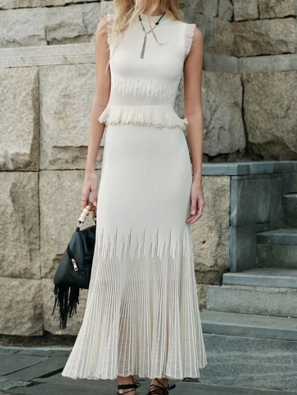 NWT Commense SET Ivory Two-Piece Skirt Tank Ribbed Mesh Fall  S Bridal Pleated